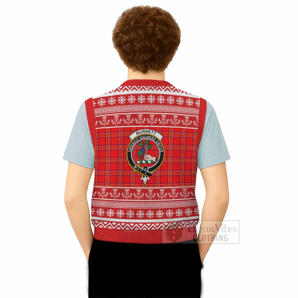 Burnett Clan Tartan Christmas Knitted V-Neck Vest with Family Crest - Tartan Vibes Clothing
