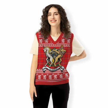 Burnett Clan Tartan Crest Christmas Knitted V-Neck Vest Coat of Arms Funny Style