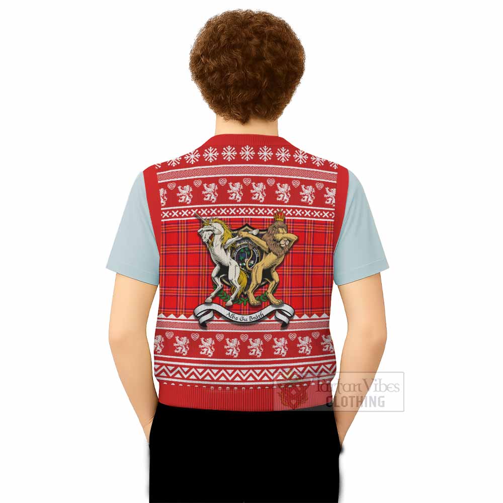 Burnett Clan Tartan Crest Christmas Knitted V-Neck Vest Coat of Arms Funny Style - Tartan Vibes Clothing