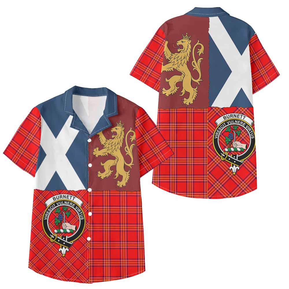 Burnett Crest Tartan Kid Hawaiian Shirt with Lion Rampant Saltire Style - Tartan Vibes Clothing