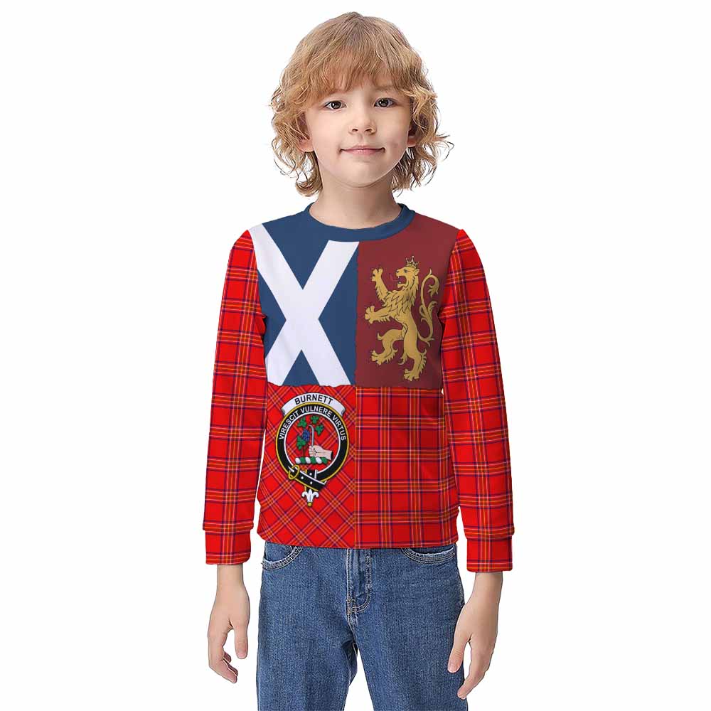 Burnett Crest Tartan Kid Knitted Sweatshirt with Lion Rampant Saltire Style - Tartan Vibes Clothing