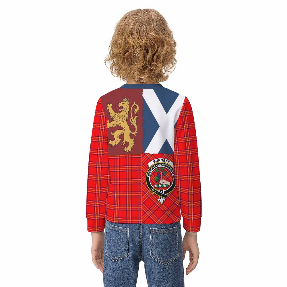 Burnett Crest Tartan Kid Knitted Sweatshirt with Lion Rampant Saltire Style - Tartan Vibes Clothing