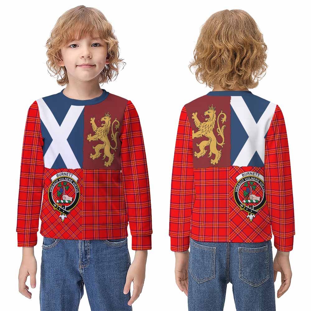 Burnett Crest Tartan Kid Knitted Sweatshirt with Lion Rampant Saltire Style - Tartan Vibes Clothing