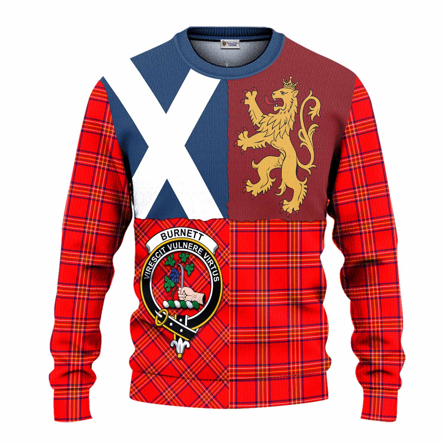 Burnett Crest Tartan Knitted Sweater with Lion Rampant Saltire Style