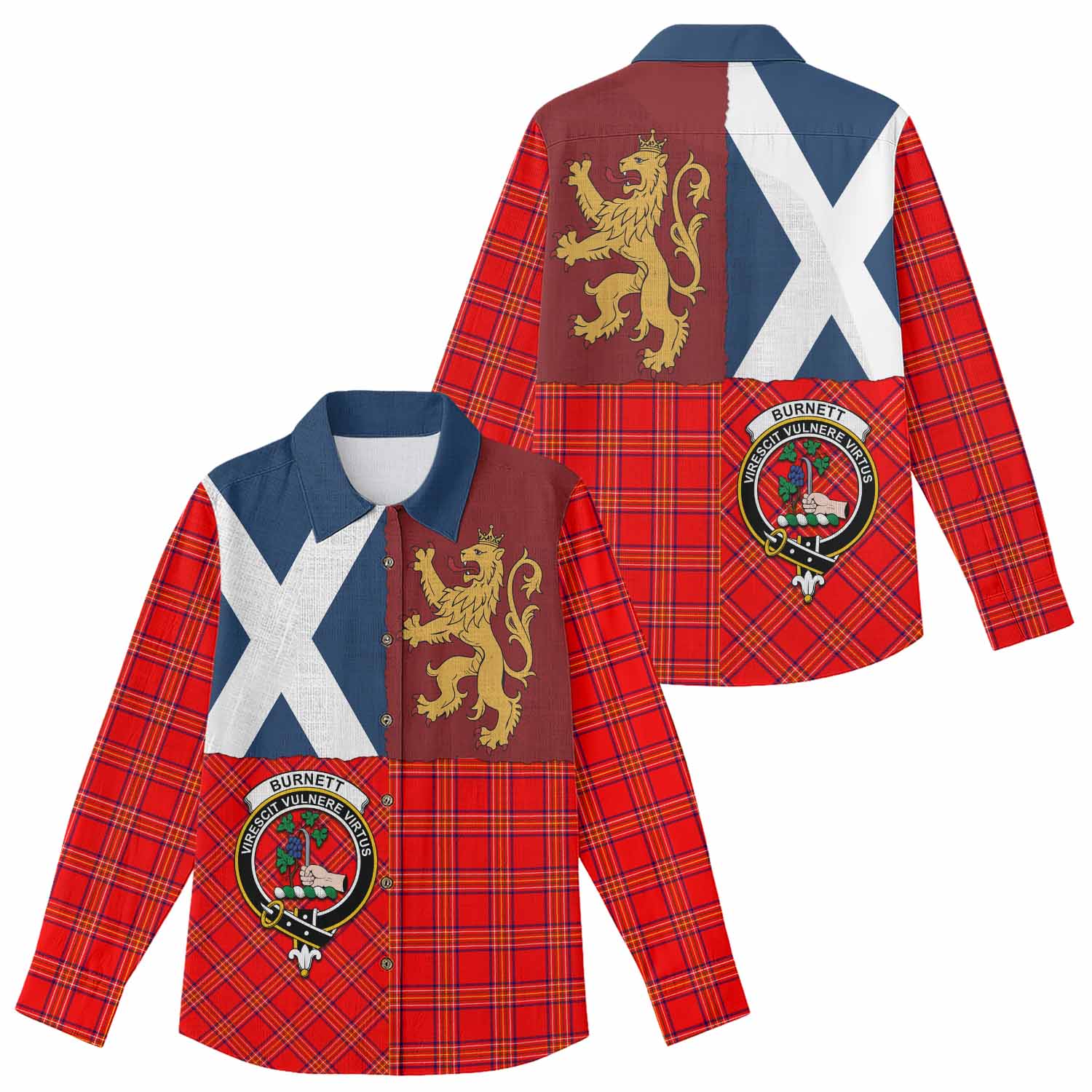 Burnett Crest Tartan Women Casual Shirt with Lion Rampant Saltire Style
