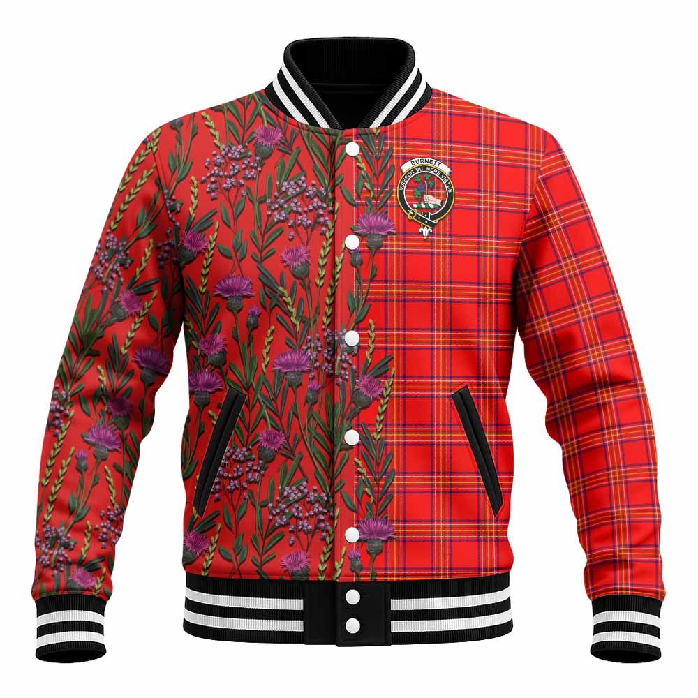 Burnett Family Crest Tartan Baseball Jacket Scottish Thistle Flower Pattern Half Style - Tartan Vibes Clothing