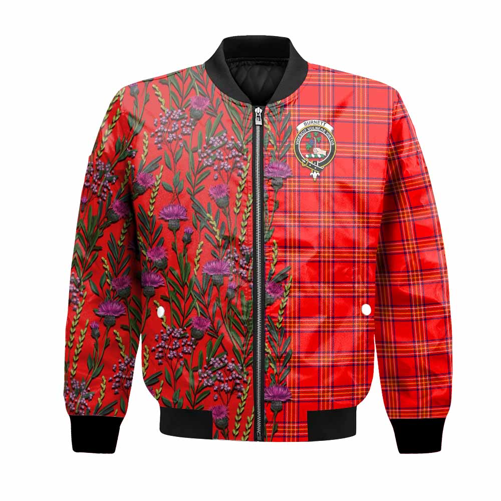 Burnett Family Crest Tartan Bomber Jacket Scottish Thistle Flower Pattern Half Style - Tartan Vibes Clothing