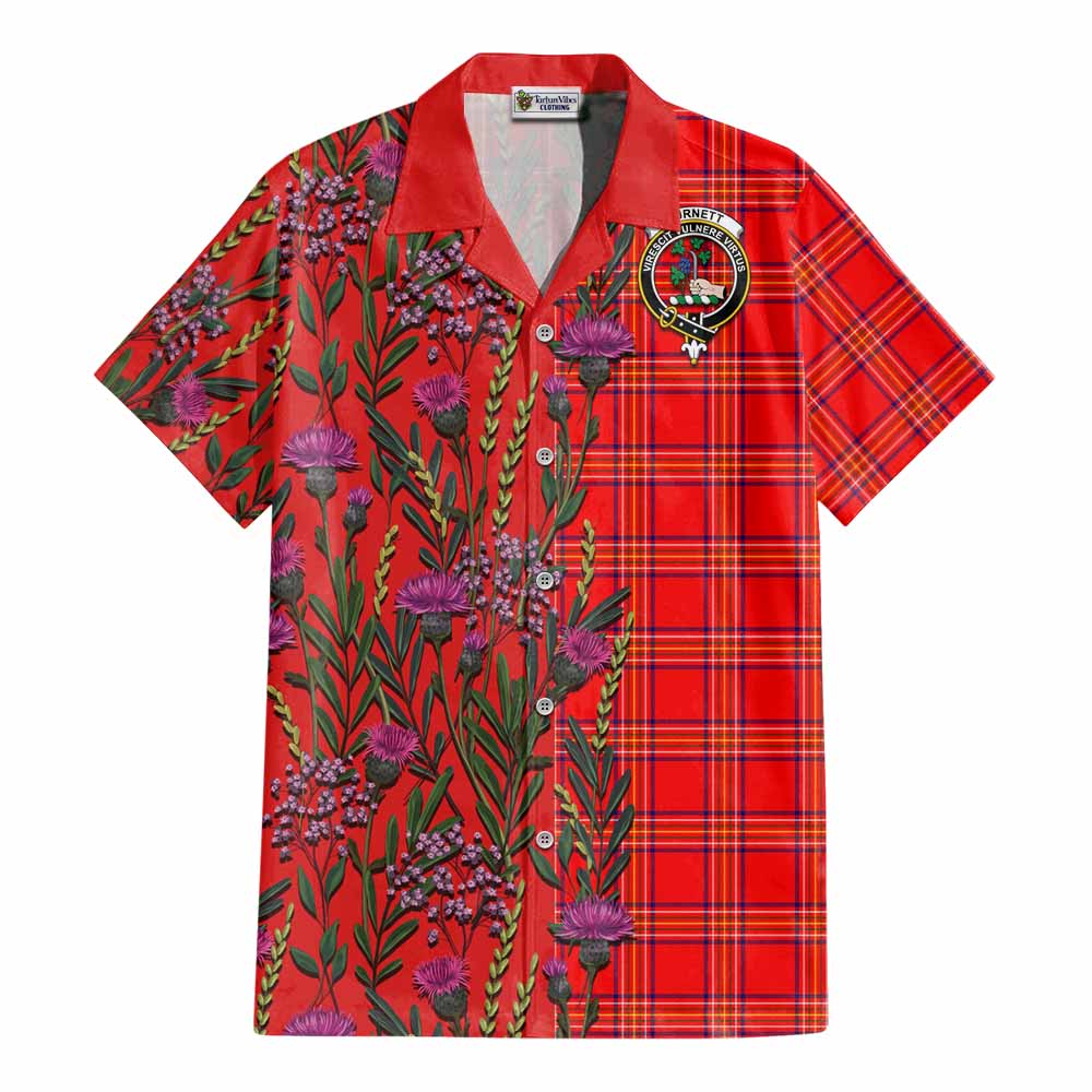 Burnett Family Crest Tartan Cotton Hawaiian Shirt Scottish Thistle Flower Pattern Half Style - Tartan Vibes Clothing