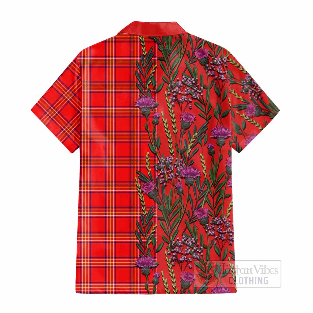 Burnett Family Crest Tartan Cotton Hawaiian Shirt Scottish Thistle Flower Pattern Half Style - Tartan Vibes Clothing