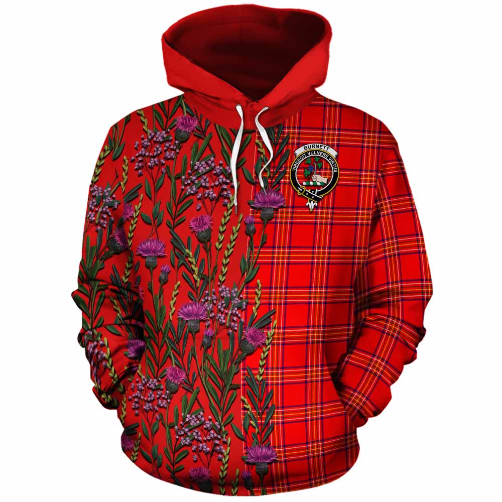 Burnett Family Crest Tartan Cotton Hoodie Scottish Thistle Flower Pattern Half Style - Tartan Vibes Clothing