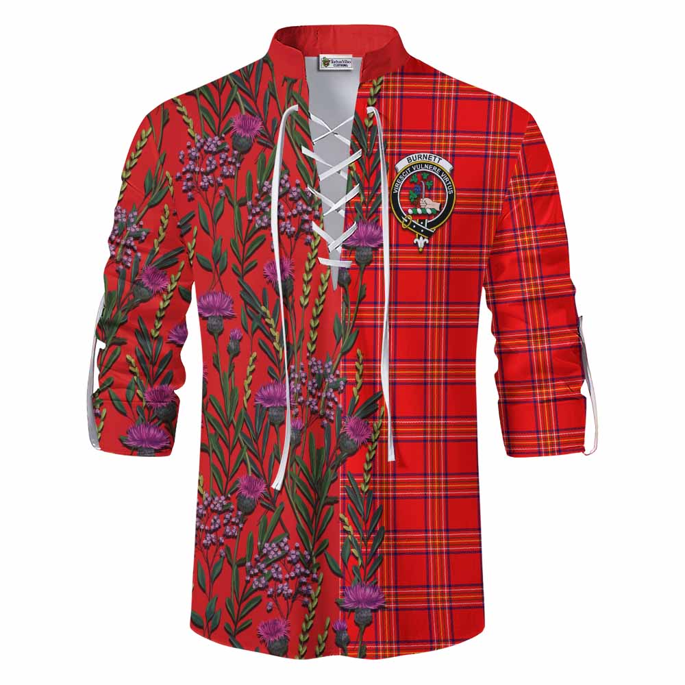 Burnett Family Crest Tartan Ghillie Shirt Scottish Thistle Flower Pattern Half Style - Tartan Vibes Clothing