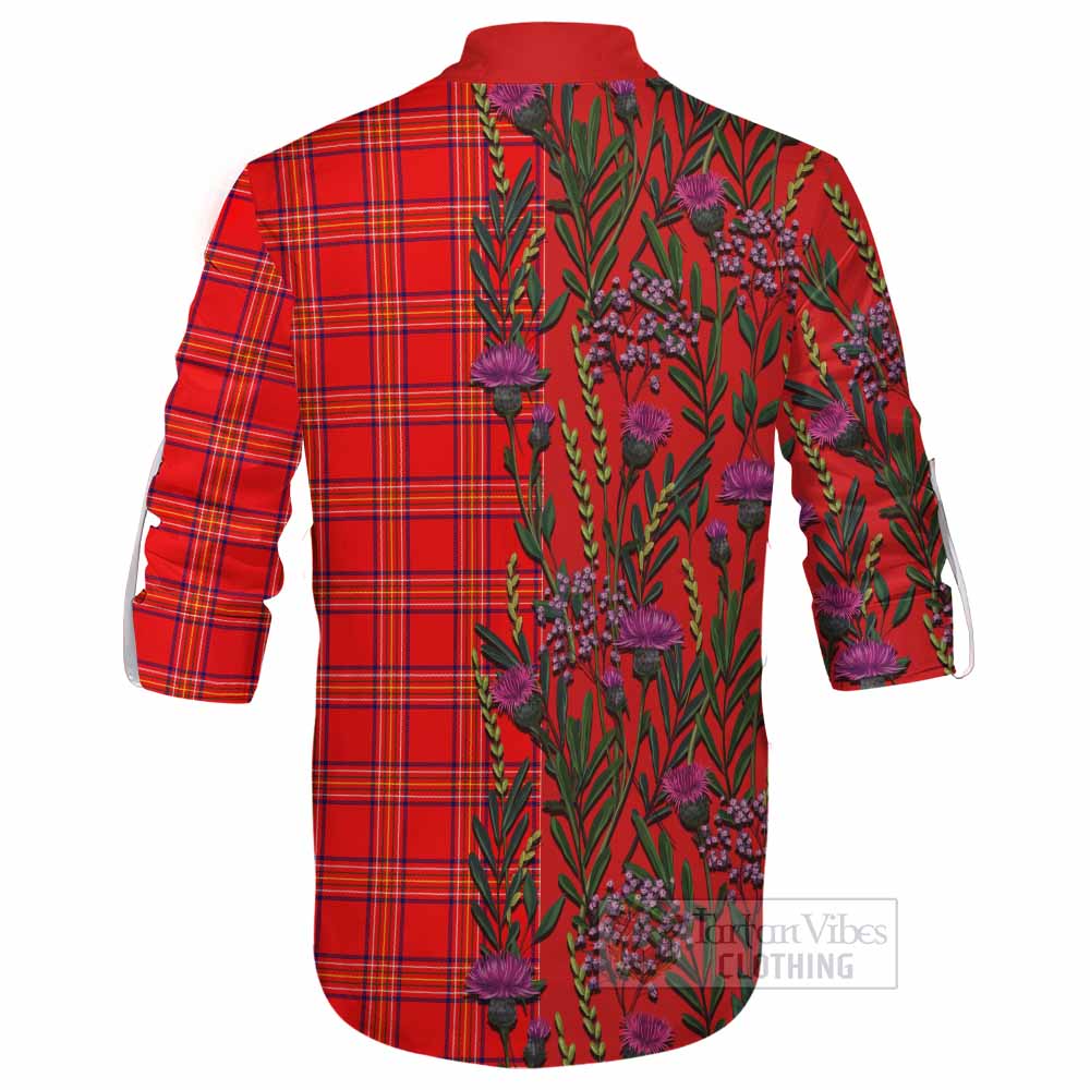Burnett Family Crest Tartan Ghillie Shirt Scottish Thistle Flower Pattern Half Style - Tartan Vibes Clothing