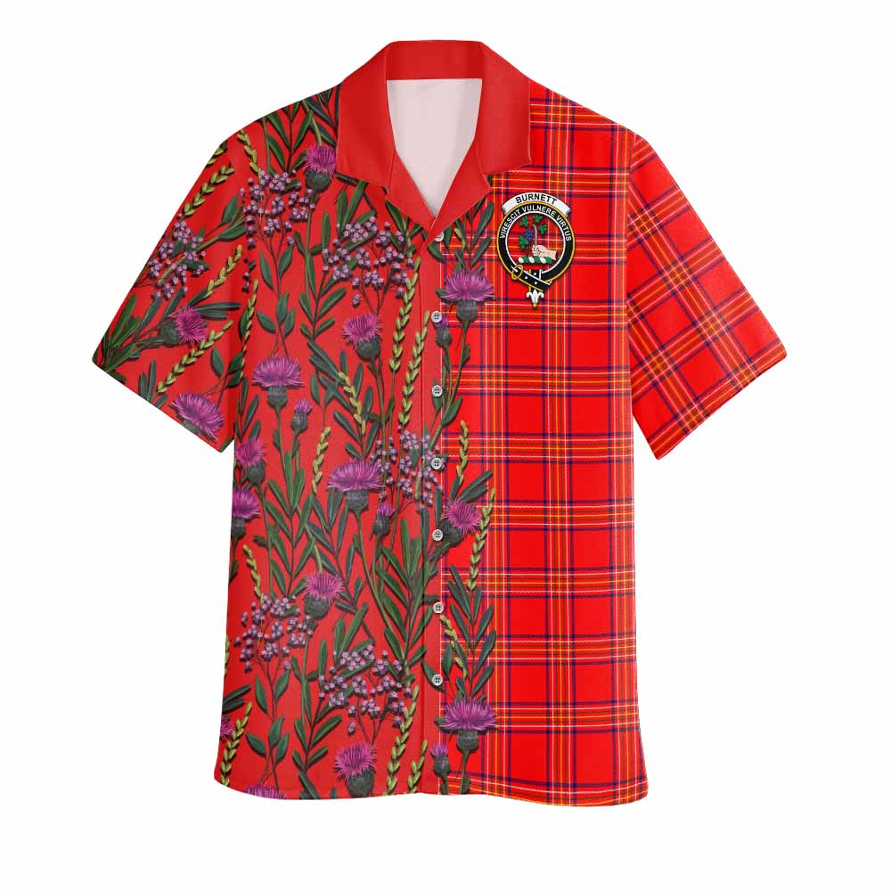 Burnett Family Crest Tartan Hawaiian Shirt Scottish Thistle Flower Pattern Half Style - Tartan Vibes Clothing