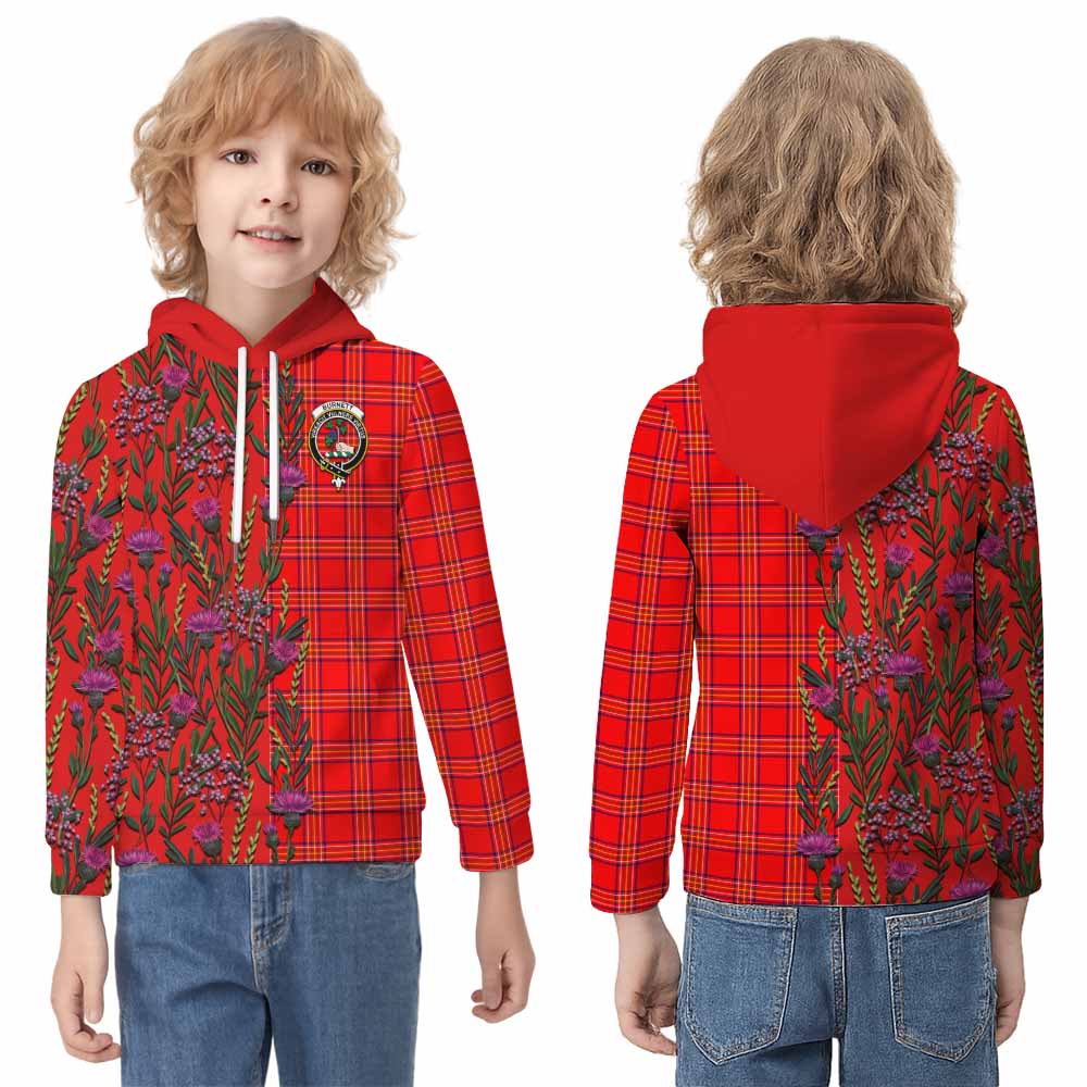 Burnett Family Crest Tartan Kid Hoodie Scottish Thistle Flower Pattern Half Style - Tartan Vibes Clothing