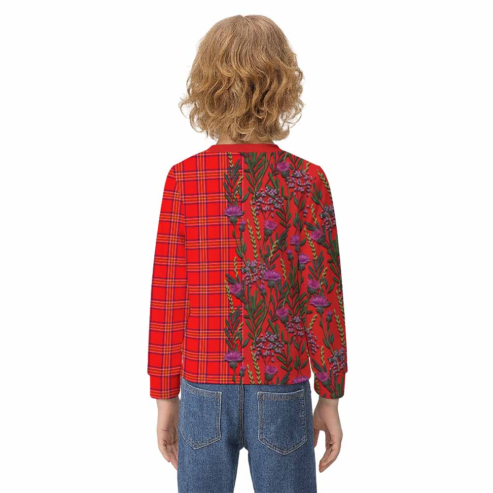 Burnett Family Crest Tartan Kid Knitted Sweatshirt Scottish Thistle Flower Pattern Half Style - Tartan Vibes Clothing