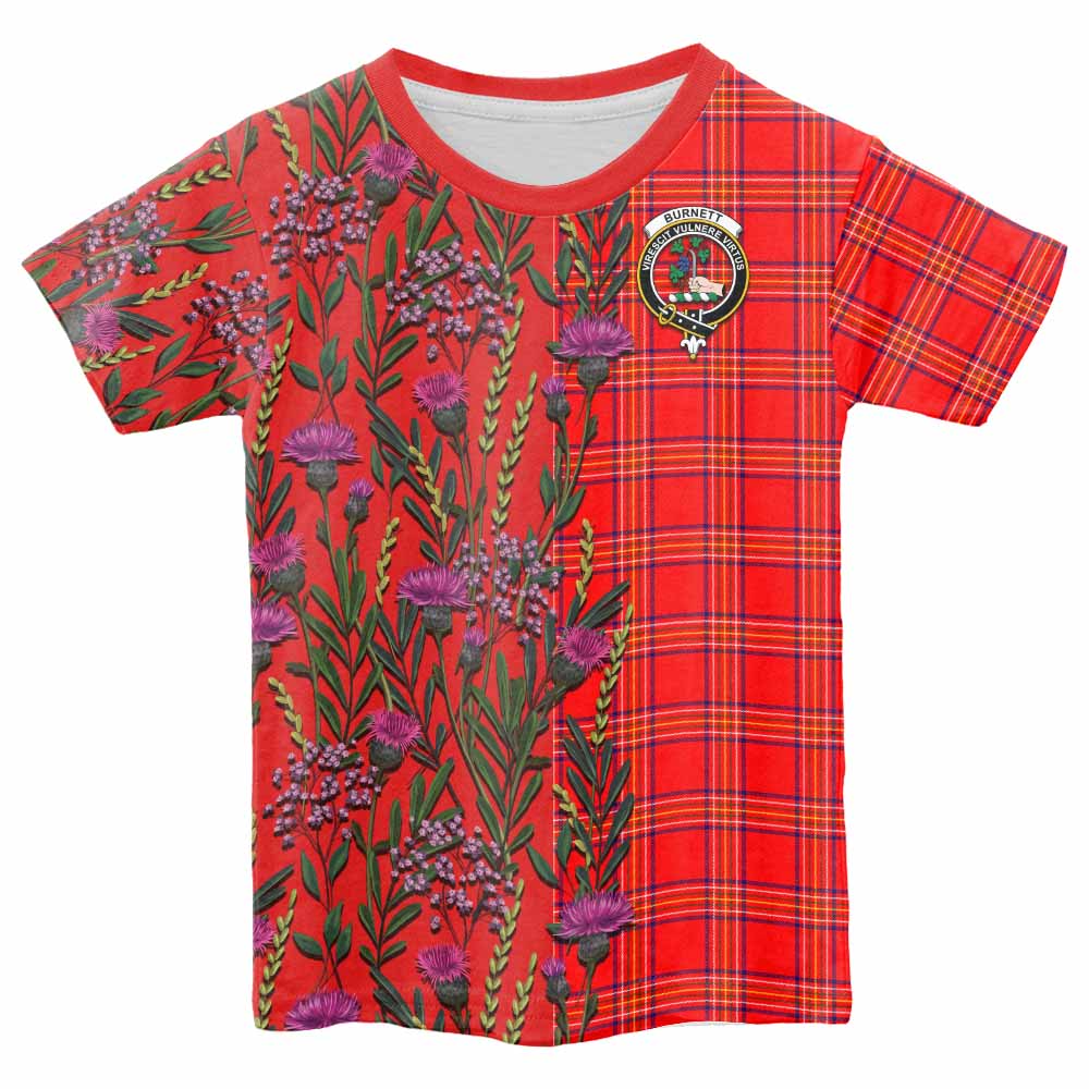 Burnett Family Crest Tartan Kid T-shirt Scottish Thistle Flower Pattern Half Style - Tartan Vibes Clothing