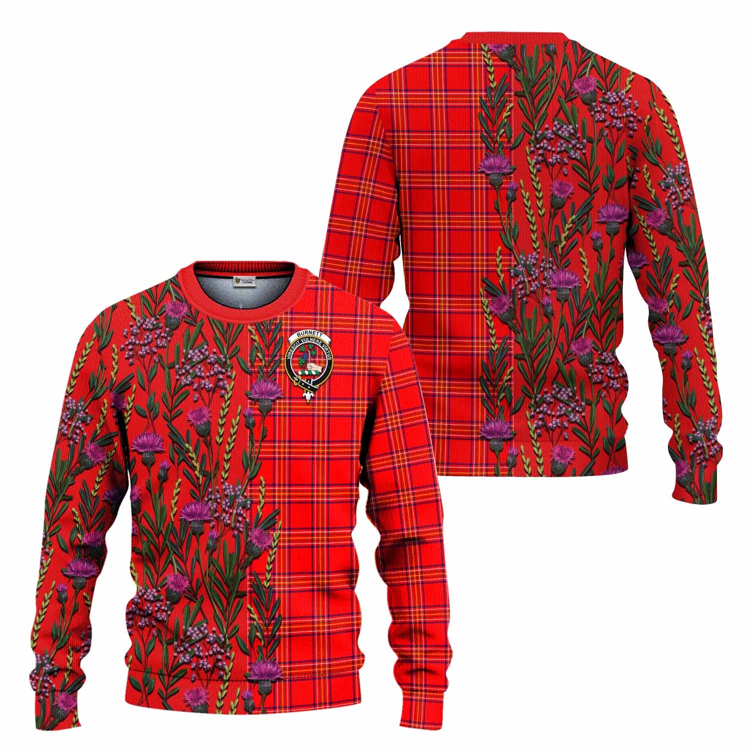 Burnett Family Crest Tartan Knitted Sweater Scottish Thistle Flower Pattern Half Style - Tartan Vibes Clothing