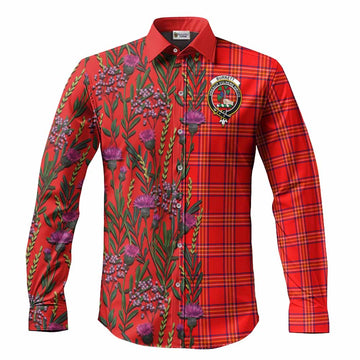 Burnett Family Crest Tartan Long Sleeve Button Shirts Scottish Thistle Flower Pattern Half Style - Tartan Vibes Clothing