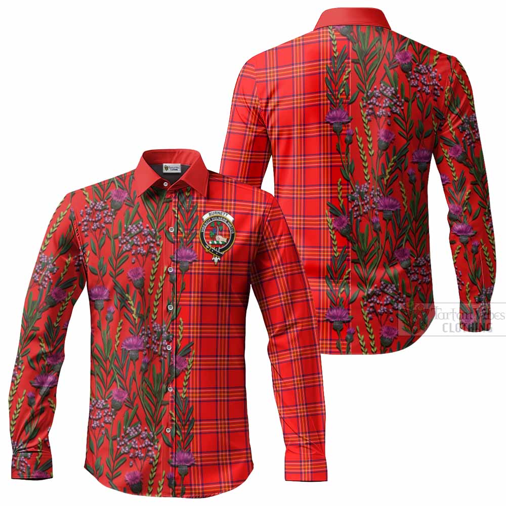 Burnett Family Crest Tartan Long Sleeve Button Shirts Scottish Thistle Flower Pattern Half Style - Tartan Vibes Clothing