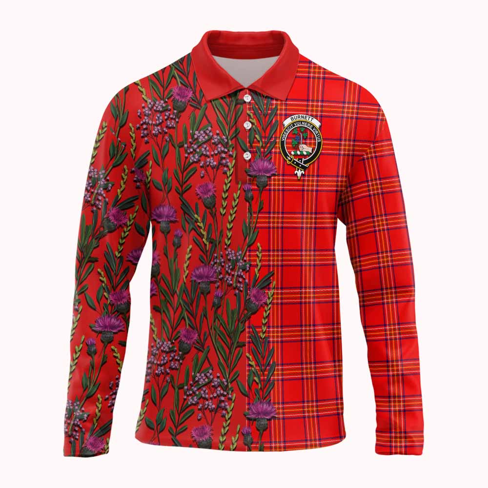 Burnett Family Crest Tartan Long Sleeve Polo Shirt Scottish Thistle Flower Pattern Half Style - Tartan Vibes Clothing