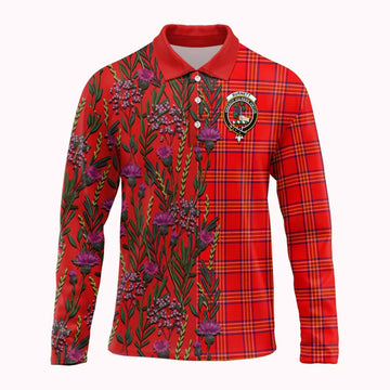 Burnett Family Crest Tartan Long Sleeve Polo Shirt Scottish Thistle Flower Pattern Half Style