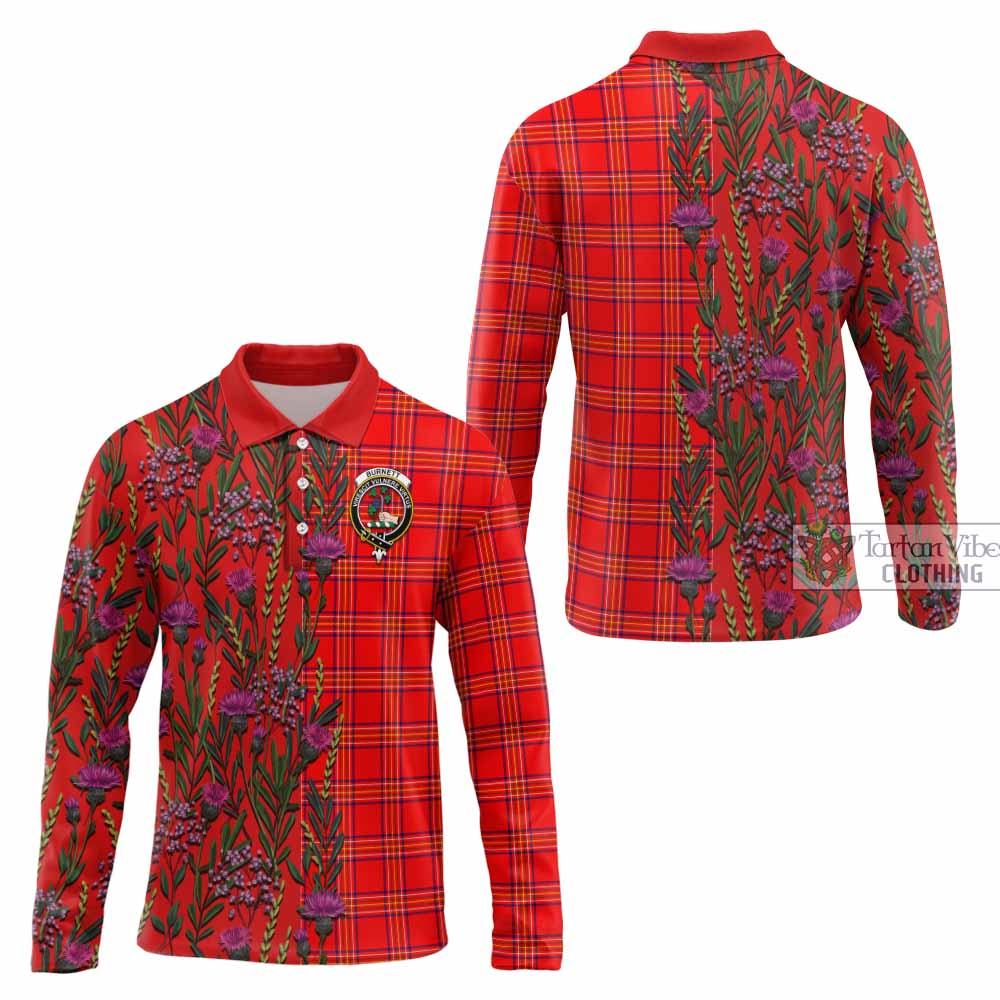 Burnett Family Crest Tartan Long Sleeve Polo Shirt Scottish Thistle Flower Pattern Half Style - Tartan Vibes Clothing