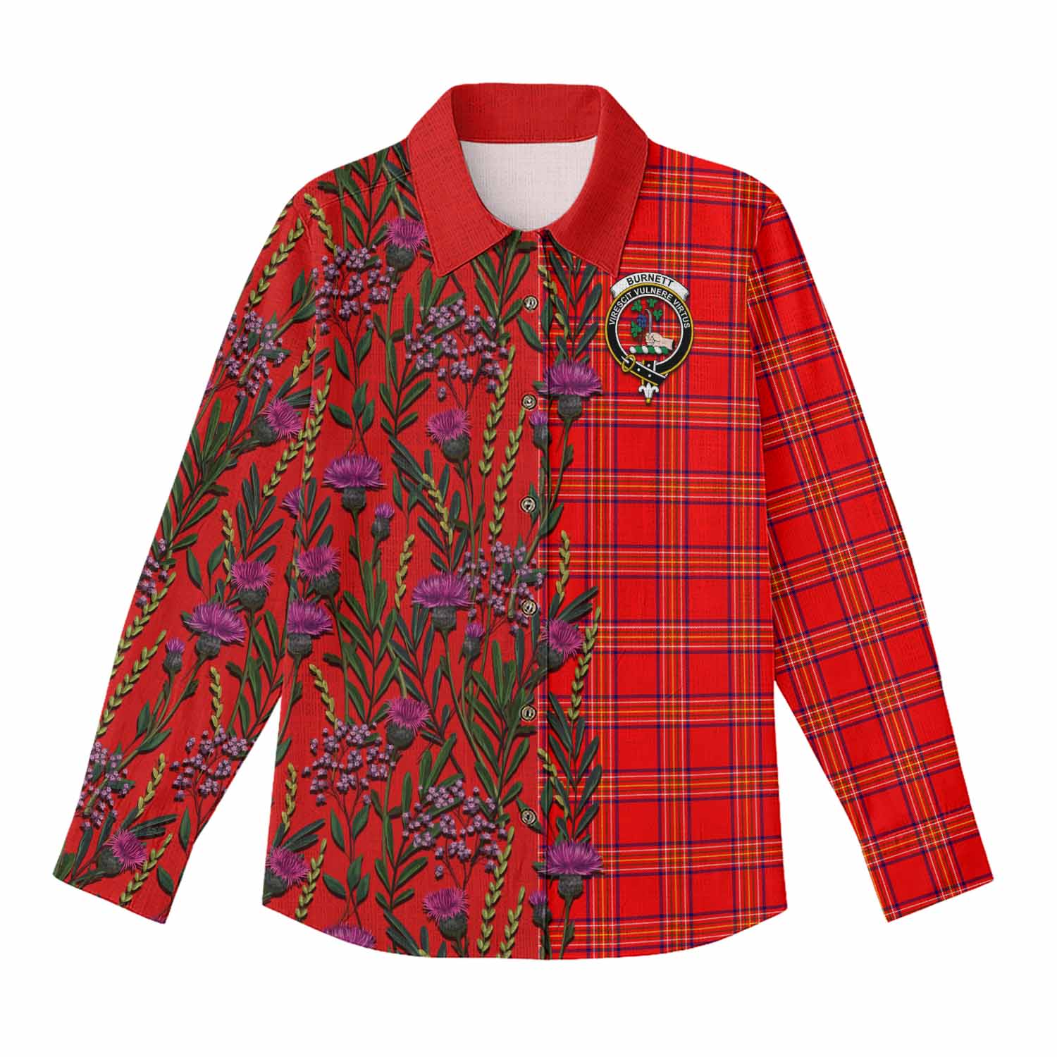 Burnett Family Crest Tartan Women Casual Shirt Scottish Thistle Flower Pattern Half Style - Tartan Vibes Clothing