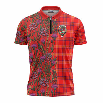 Burnett Family Crest Tartan Zipper Polo Shirt Scottish Thistle Flower Pattern Half Style