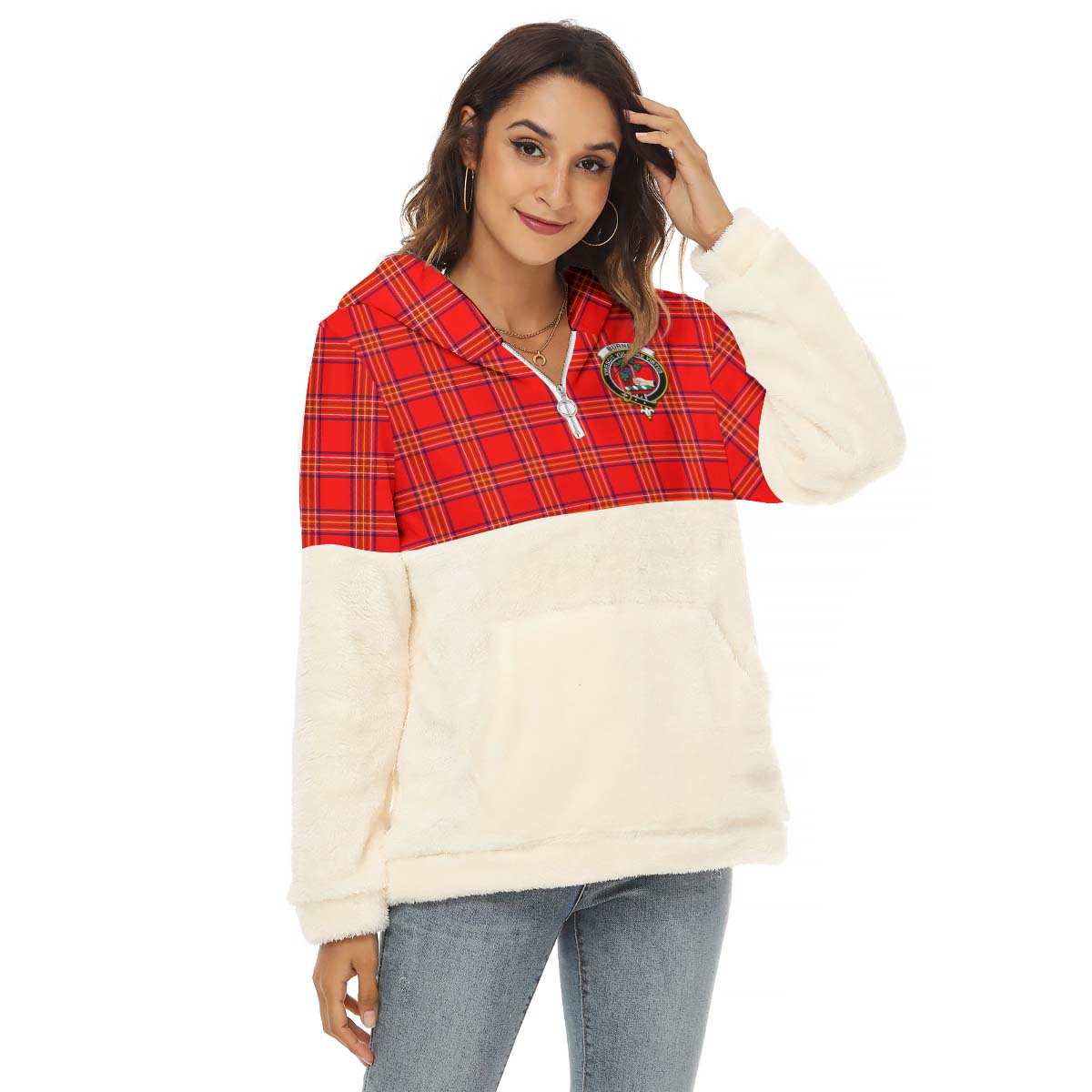Burnett Modern Tartan Women's Borg Fleece Hoodie With Half Zip with Family Crest Female - Tartan Vibes Clothing