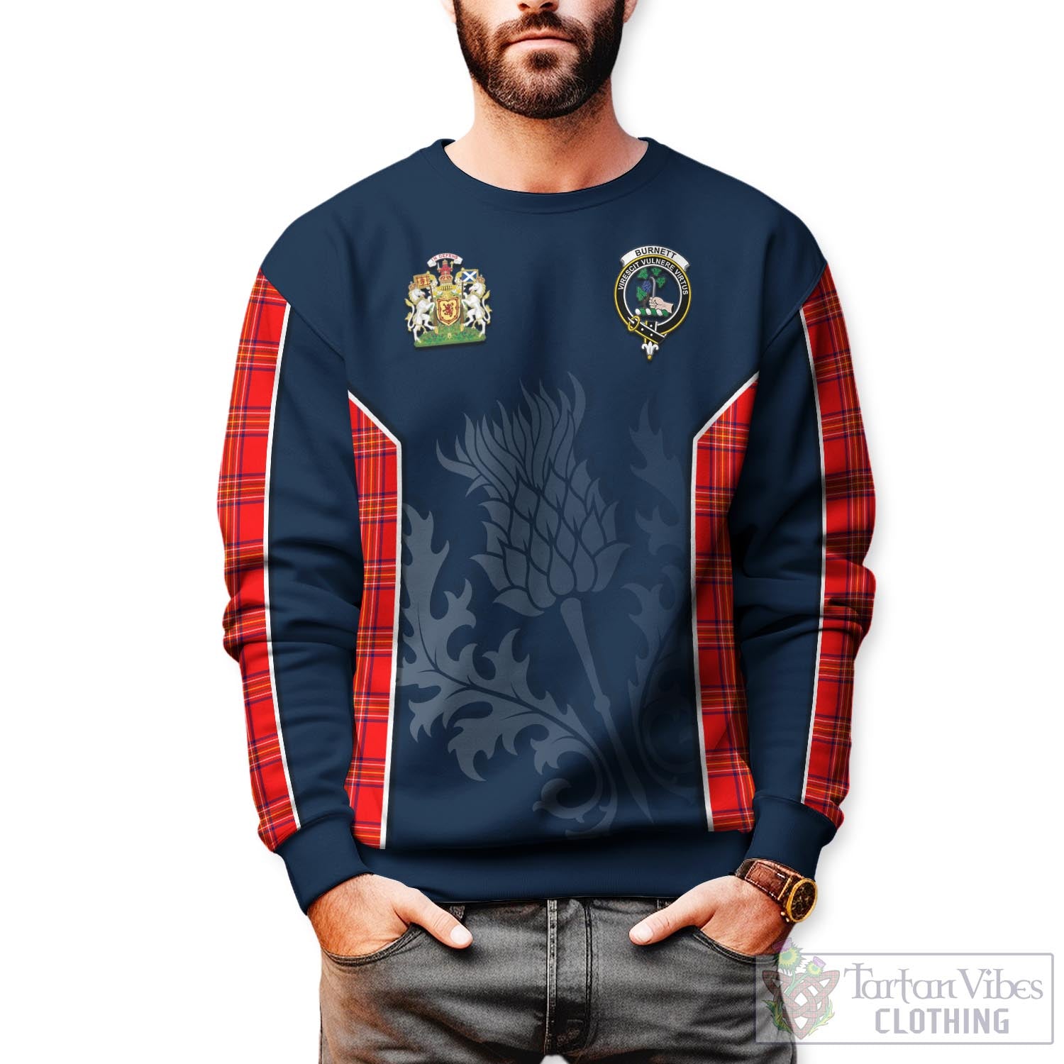 Tartan Vibes Clothing Burnett Modern Tartan Sweatshirt with Family Crest and Scottish Thistle Vibes Sport Style