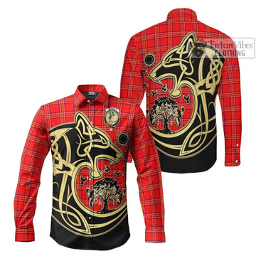 Burnett Modern Tartan Long Sleeve Button Shirt with Family Crest Celtic Wolf Style Men's Shirt S - Tartan Vibes Clothing