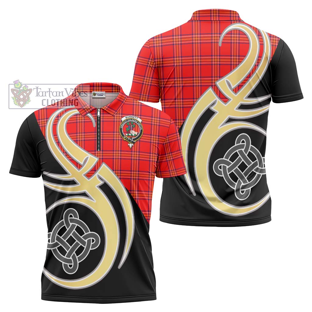 Tartan Vibes Clothing Burnett Modern Tartan Zipper Polo Shirt with Family Crest and Celtic Symbol Style