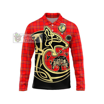 Burnett Tartan Long Sleeve Polo Shirt with Family Crest Celtic Wolf Style