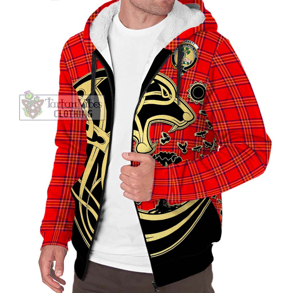 Burnett Modern Tartan Sherpa Hoodie with Family Crest Celtic Wolf Style Unisex S - Tartan Vibes Clothing