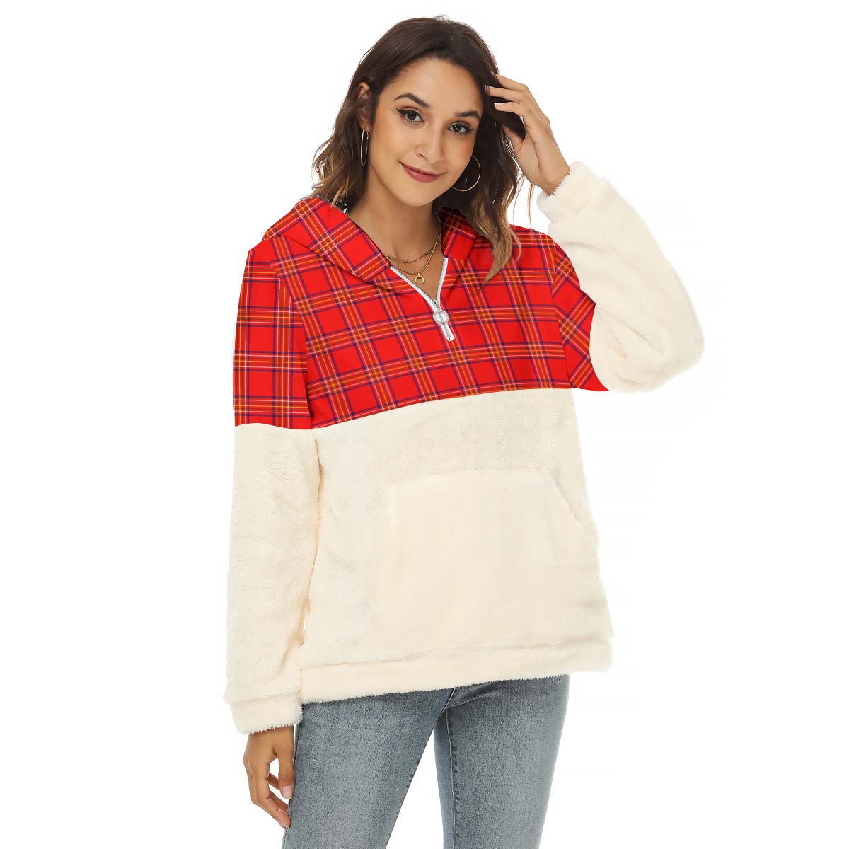 Burnett Tartan Half Style Women's Borg Fleece Hoodie with Half Zip Female - Tartan Vibes Clothing