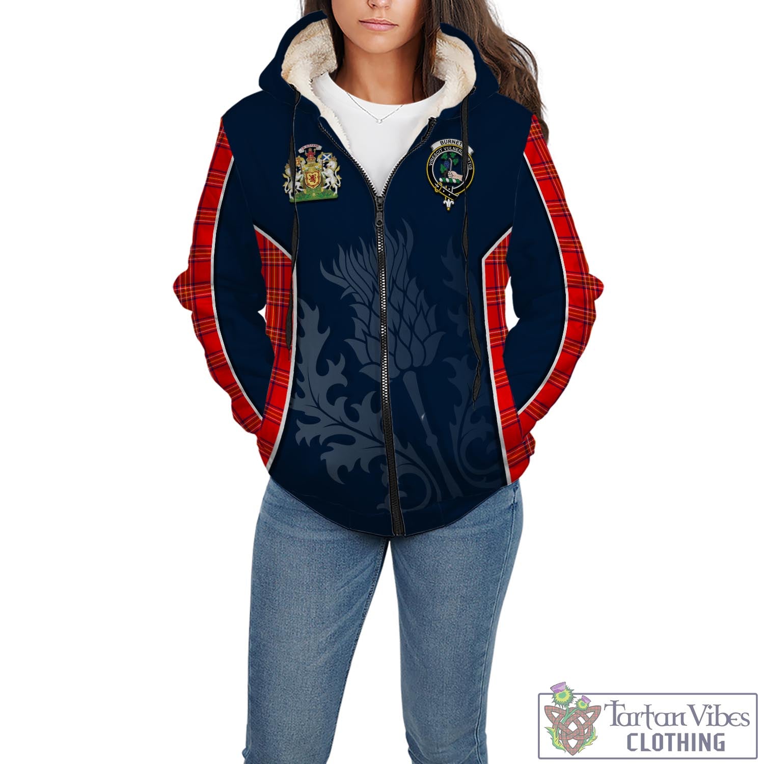 Tartan Vibes Clothing Burnett Modern Tartan Sherpa Hoodie with Family Crest and Scottish Thistle Vibes Sport Style