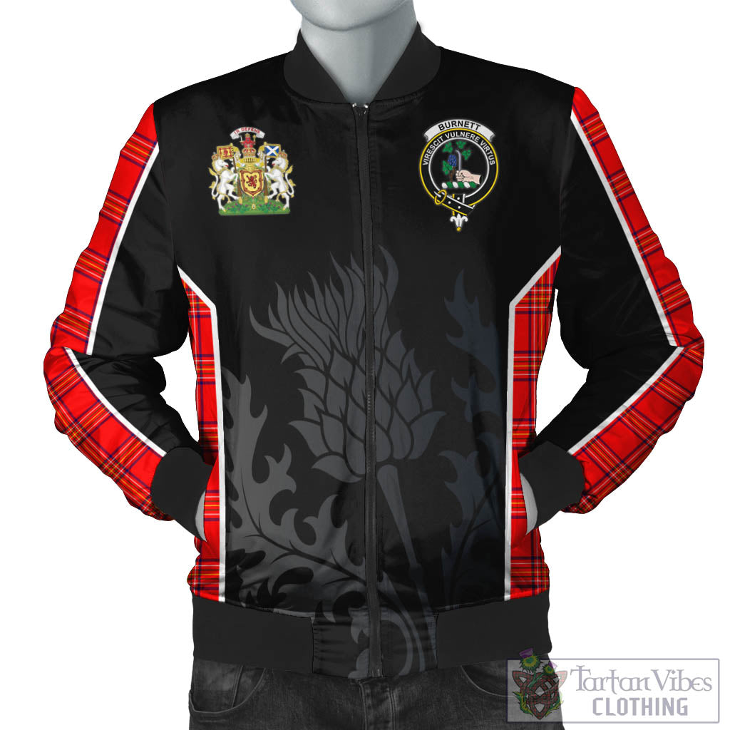Tartan Vibes Clothing Burnett Modern Tartan Bomber Jacket with Family Crest and Scottish Thistle Vibes Sport Style