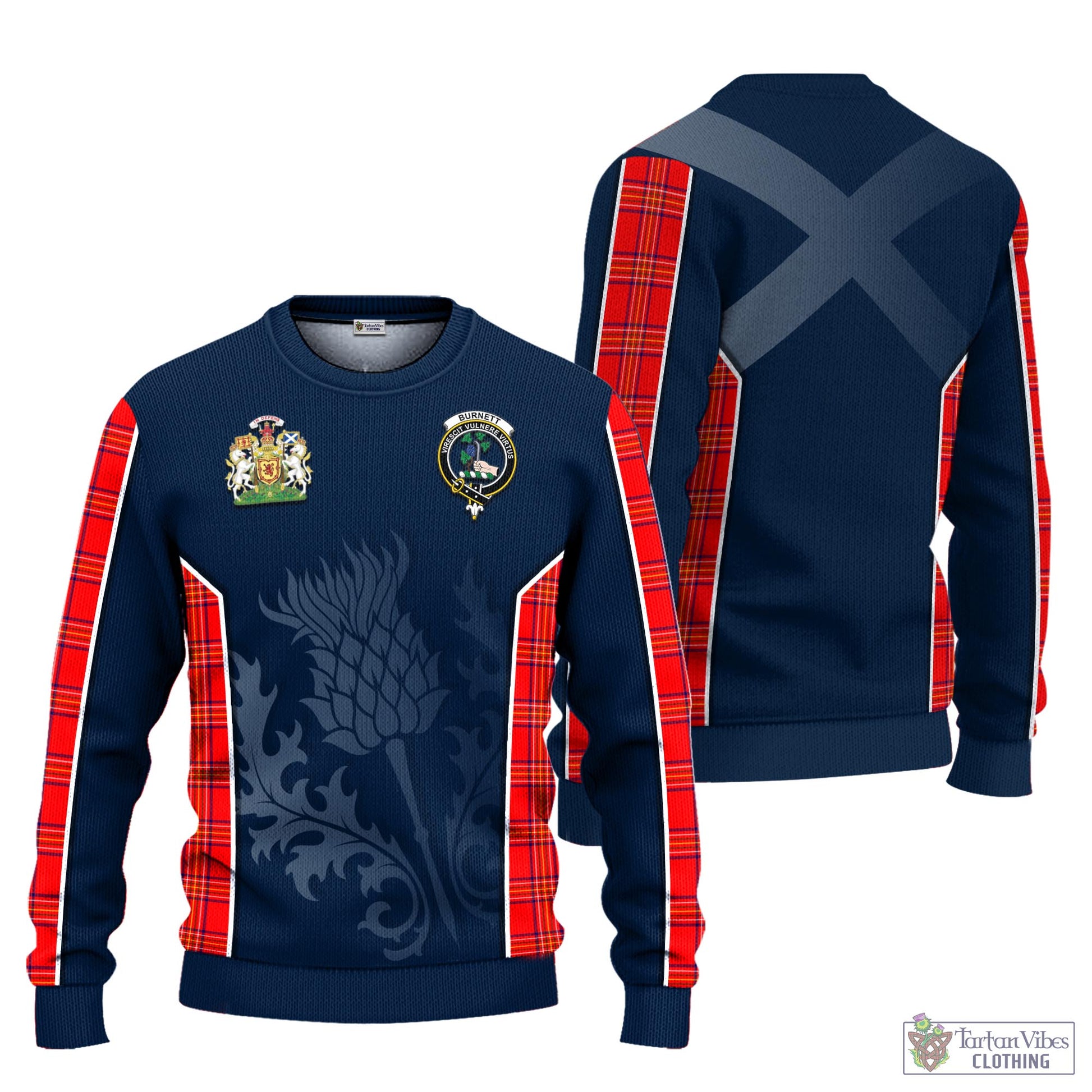 Tartan Vibes Clothing Burnett Modern Tartan Knitted Sweatshirt with Family Crest and Scottish Thistle Vibes Sport Style