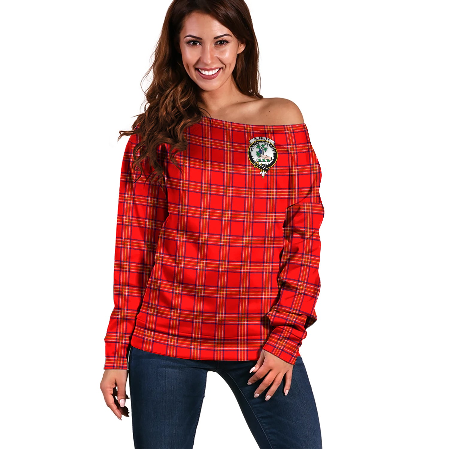 Burnett Modern Tartan Off Shoulder Women Sweater with Family Crest Women - Tartanvibesclothing