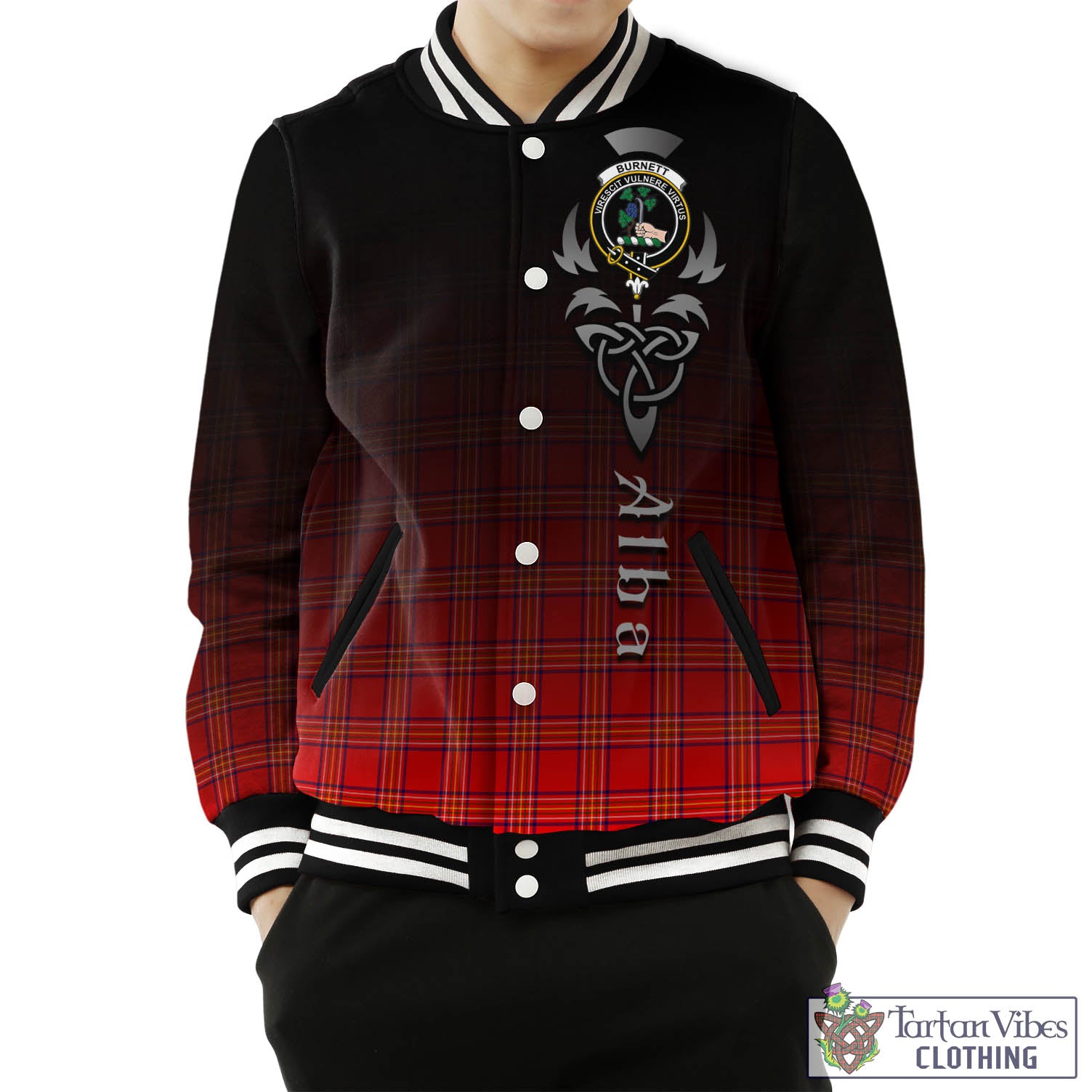 Tartan Vibes Clothing Burnett Modern Tartan Baseball Jacket Featuring Alba Gu Brath Family Crest Celtic Inspired