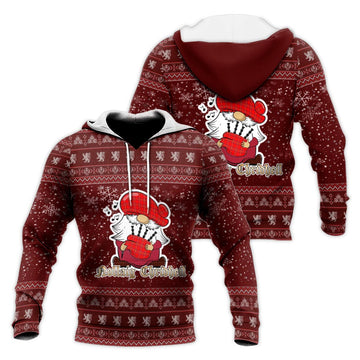 Burnett Modern Clan Christmas Knitted Hoodie with Funny Gnome Playing Bagpipes