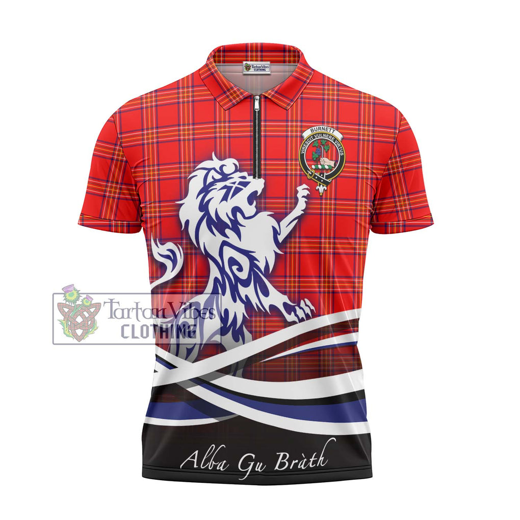 Burnett Modern Tartan Zipper Polo Shirt with Alba Gu Brath Regal Lion Emblem - Tartanvibesclothing Shop