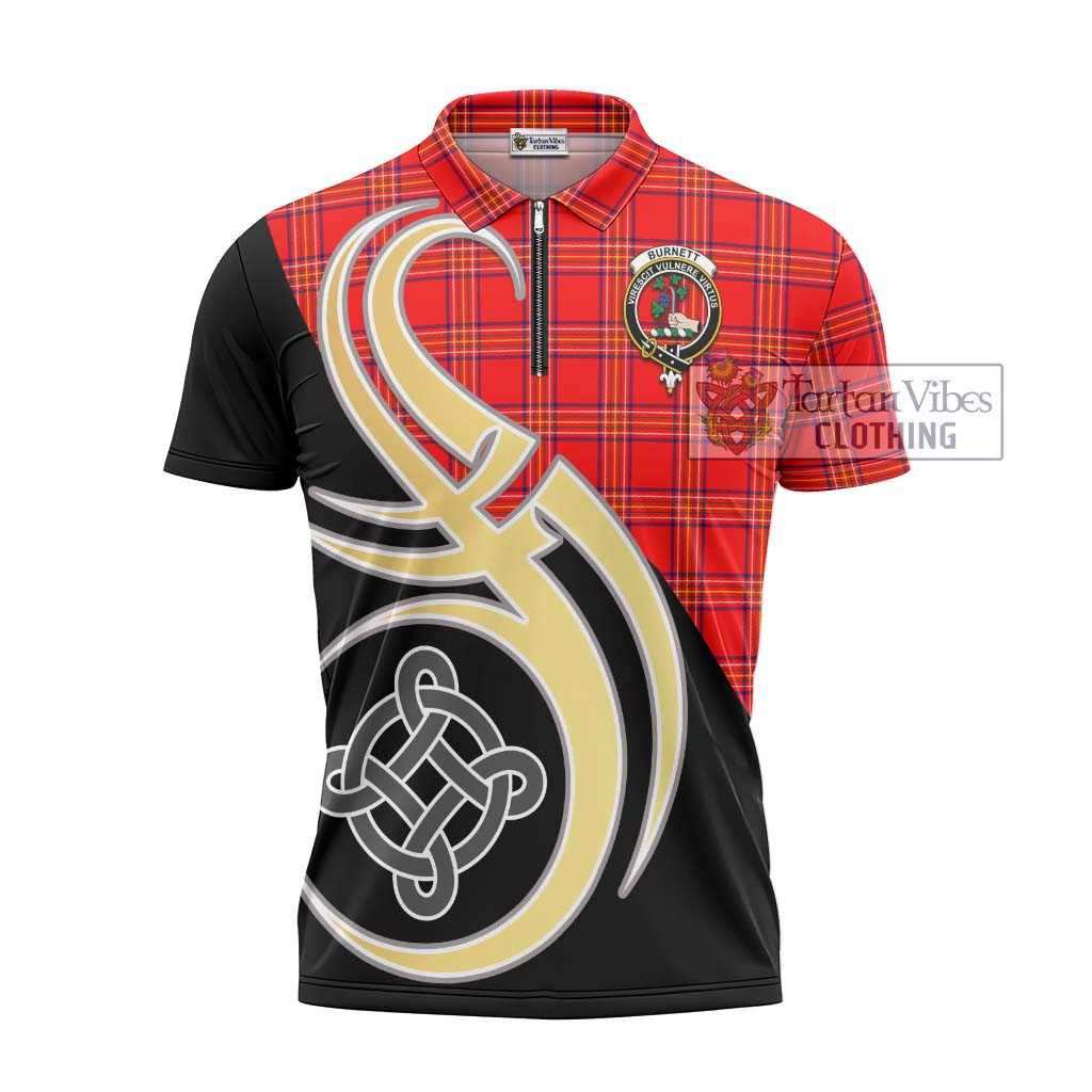 Tartan Vibes Clothing Burnett Modern Tartan Zipper Polo Shirt with Family Crest and Celtic Symbol Style