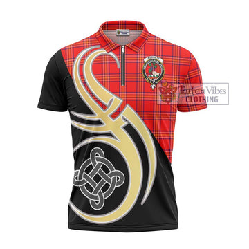 Burnett Tartan Zipper Polo Shirt with Family Crest and Celtic Symbol Style