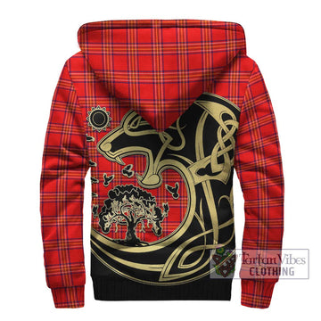 Burnett Tartan Sherpa Hoodie with Family Crest Celtic Wolf Style