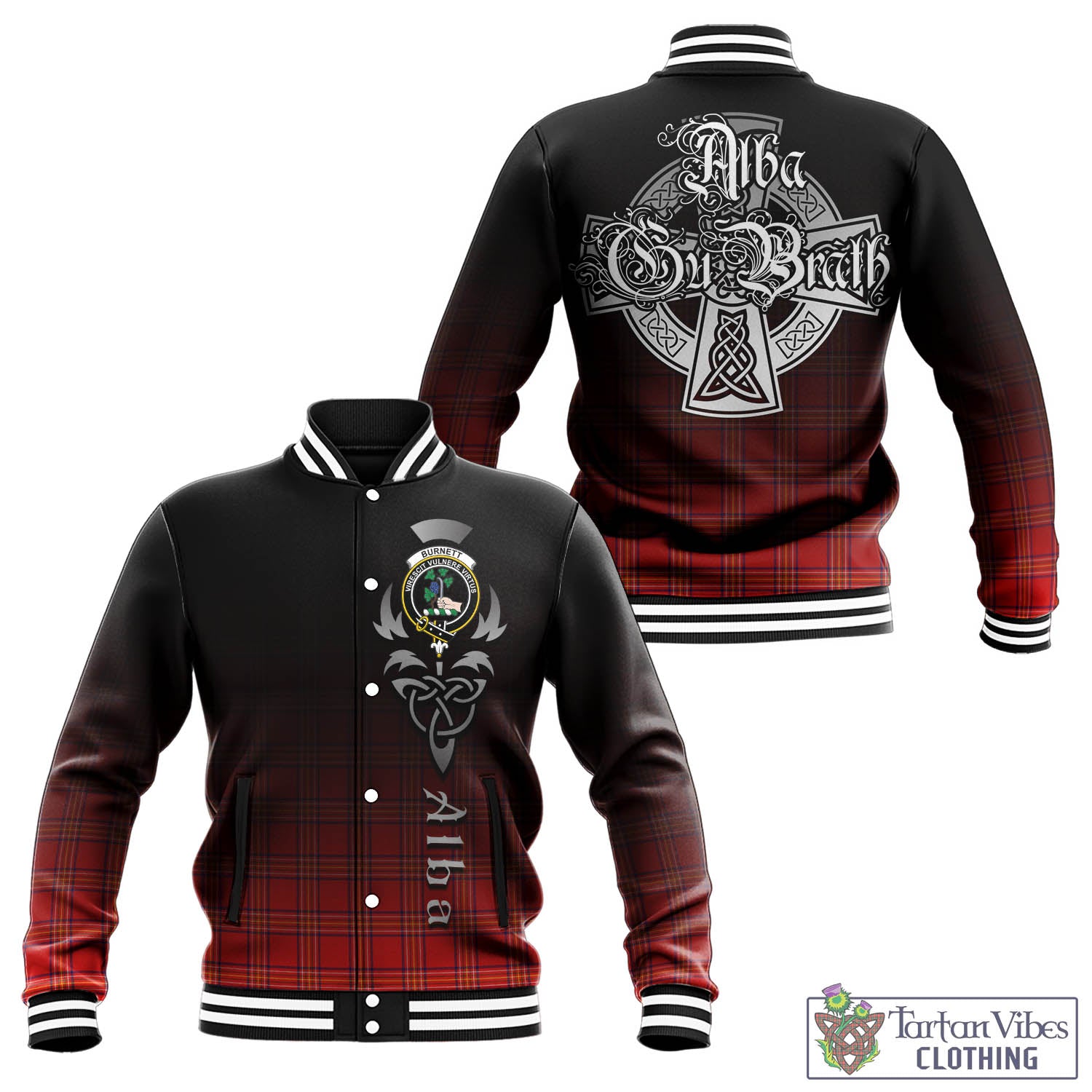 Tartan Vibes Clothing Burnett Modern Tartan Baseball Jacket Featuring Alba Gu Brath Family Crest Celtic Inspired