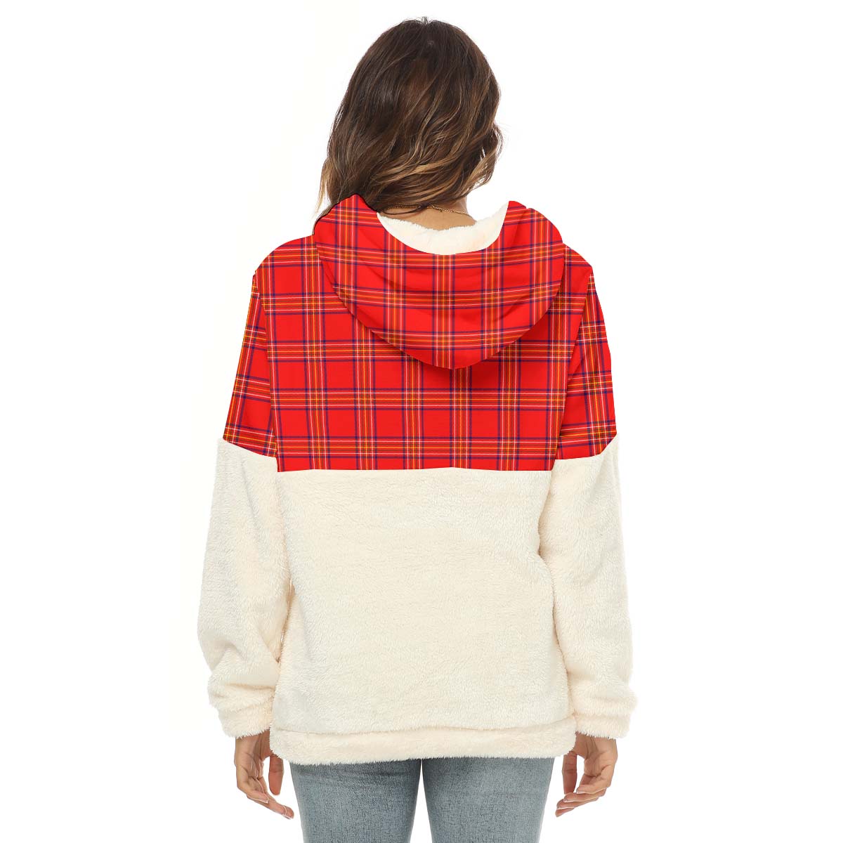 Burnett Modern Tartan Women's Borg Fleece Hoodie With Half Zip with Family Crest - Tartan Vibes Clothing