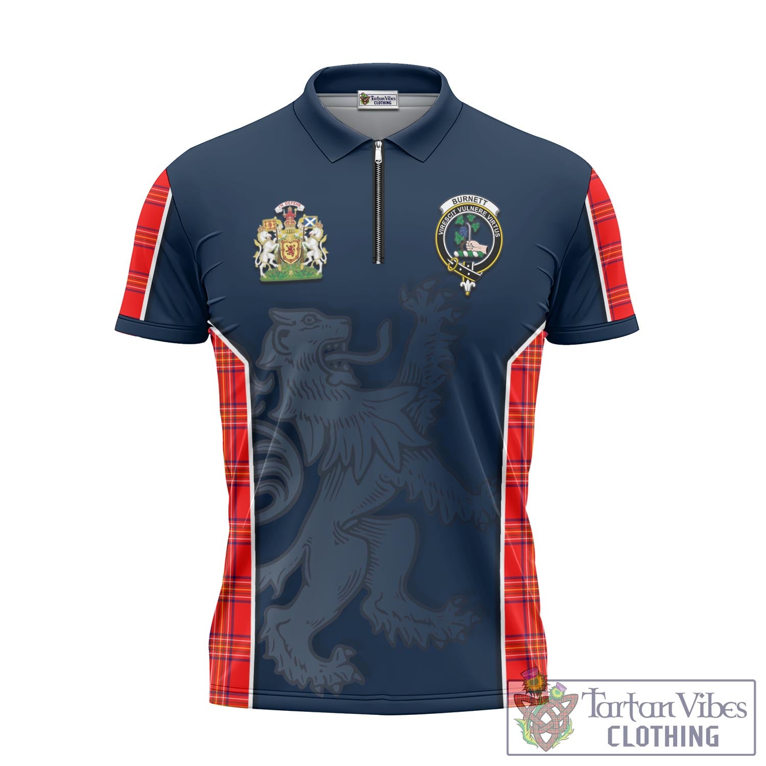 Tartan Vibes Clothing Burnett Modern Tartan Zipper Polo Shirt with Family Crest and Lion Rampant Vibes Sport Style