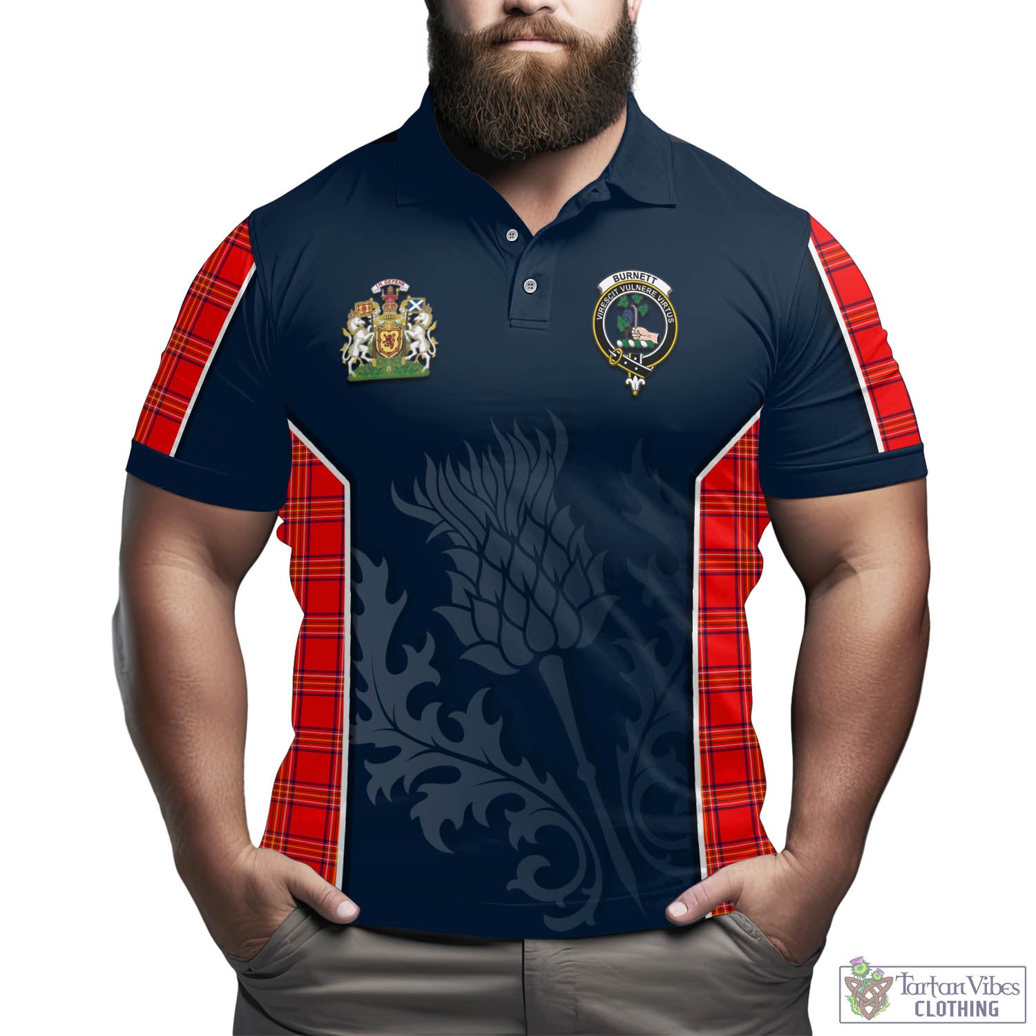 Tartan Vibes Clothing Burnett Modern Tartan Men's Polo Shirt with Family Crest and Scottish Thistle Vibes Sport Style