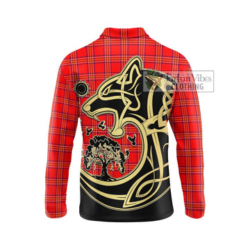 Burnett Tartan Long Sleeve Polo Shirt with Family Crest Celtic Wolf Style